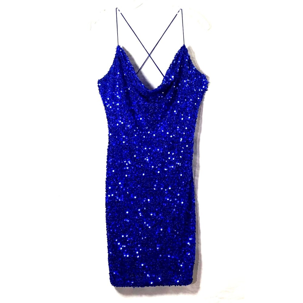 Windsor Sequin Bodycon Mini Dress Womens Size Large Royal Blue Strappy Lined